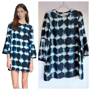Elizabeth & James 100% Silk Hiromi Bell Sleeve Shift Dress Indigo Blue Shibori